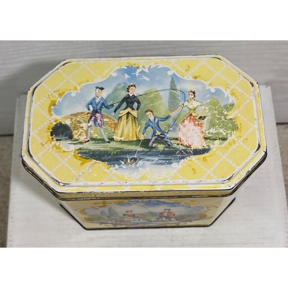 Vtg Huntley & Palmers Biscuit Tin Victorian Fishing Scene Octagonal Yellow MCM - Picture 3 of 13